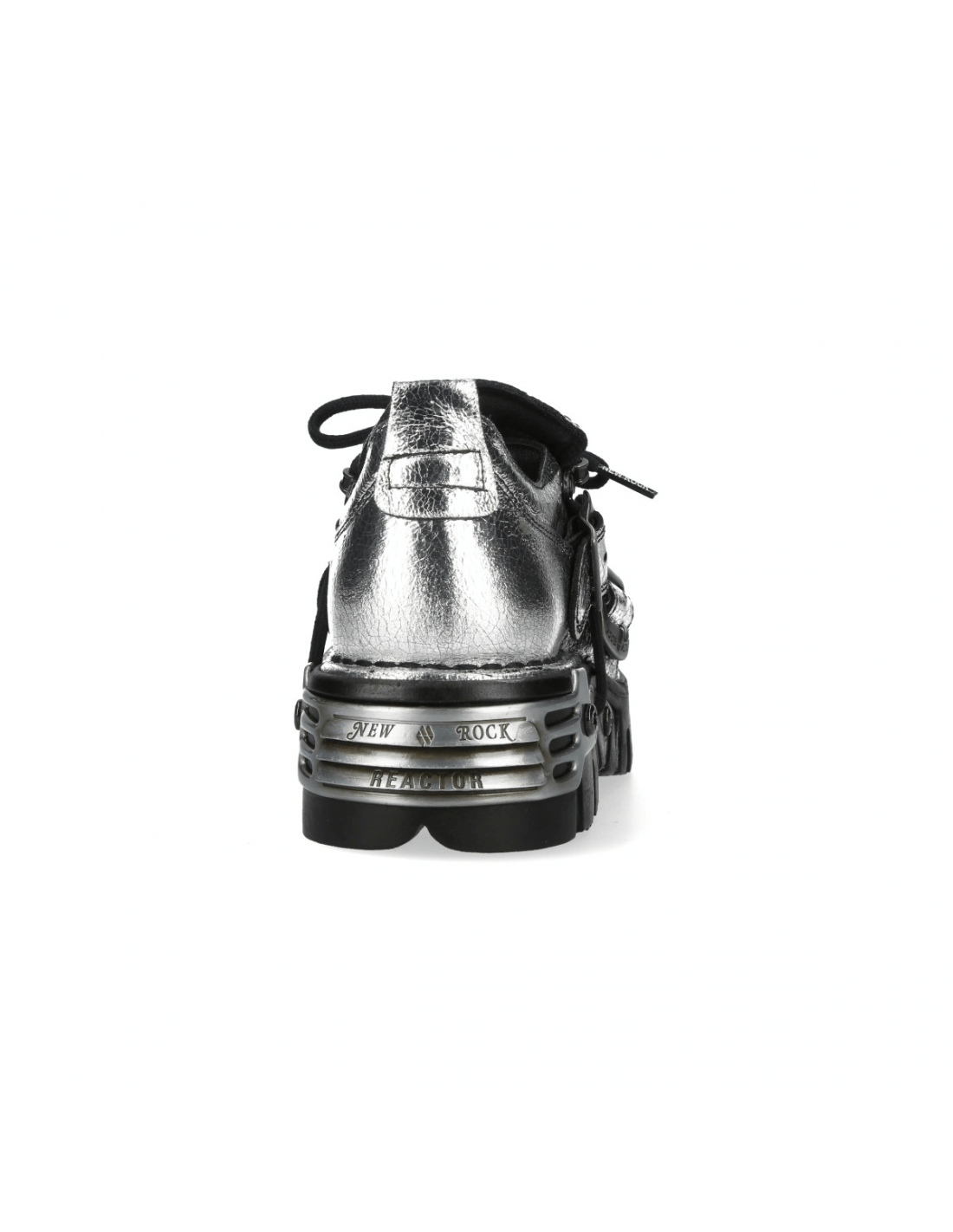 Back view of NEW ROCK metallic punk rock lace-up shoes with buckle details, showcasing their sleek design.