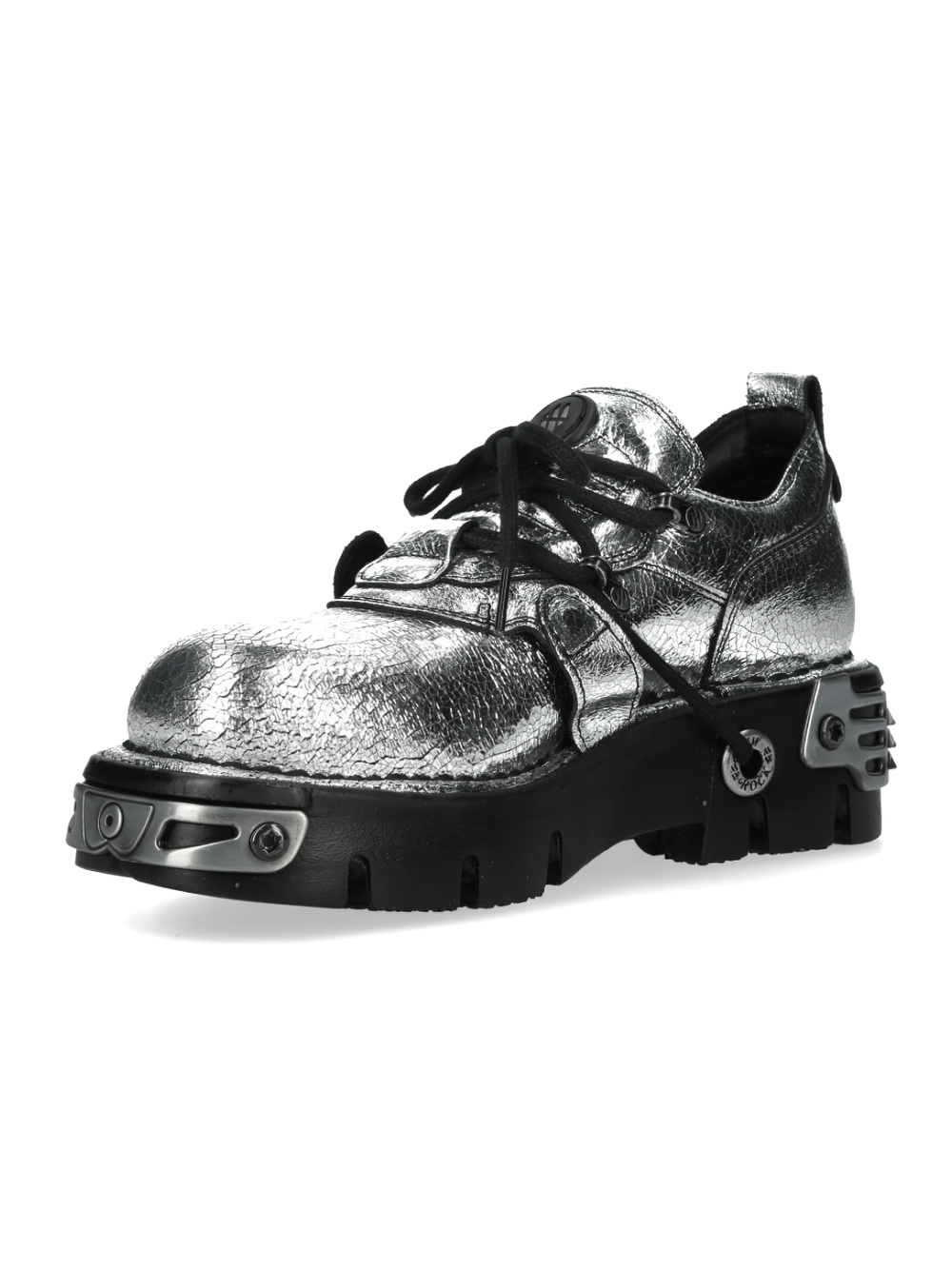 NEW ROCK metallic punk rock lace-up shoes with buckles in silver, featuring a bold design and durable cow leather.