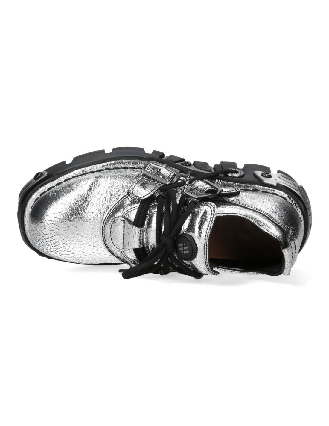 Top view of NEW ROCK Men's metallic silver punk rock lace-up shoes with buckles and natural rubber sole.