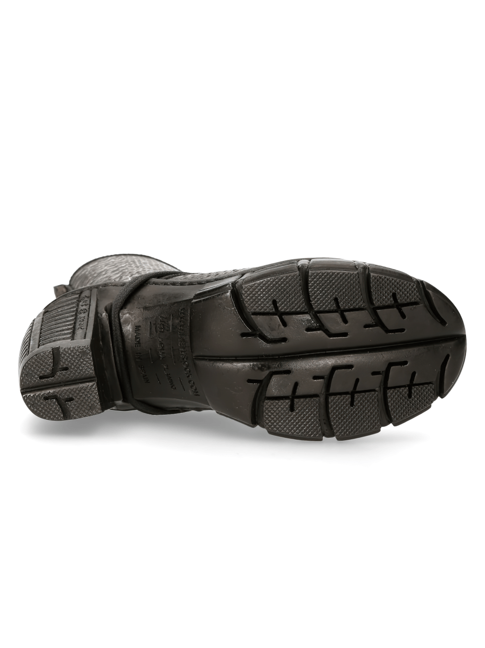 Bottom view of NEW ROCK Metallic Snake Print Ankle Boots showcasing rugged sole design and traction features.