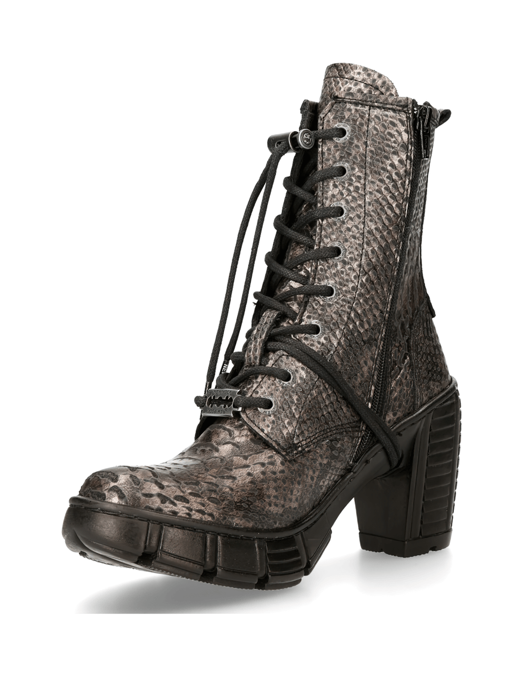 NEW ROCK Metallic Snake Print Lace-Up Ankle Boots in urban goth style with bold heel and zip fastening.
