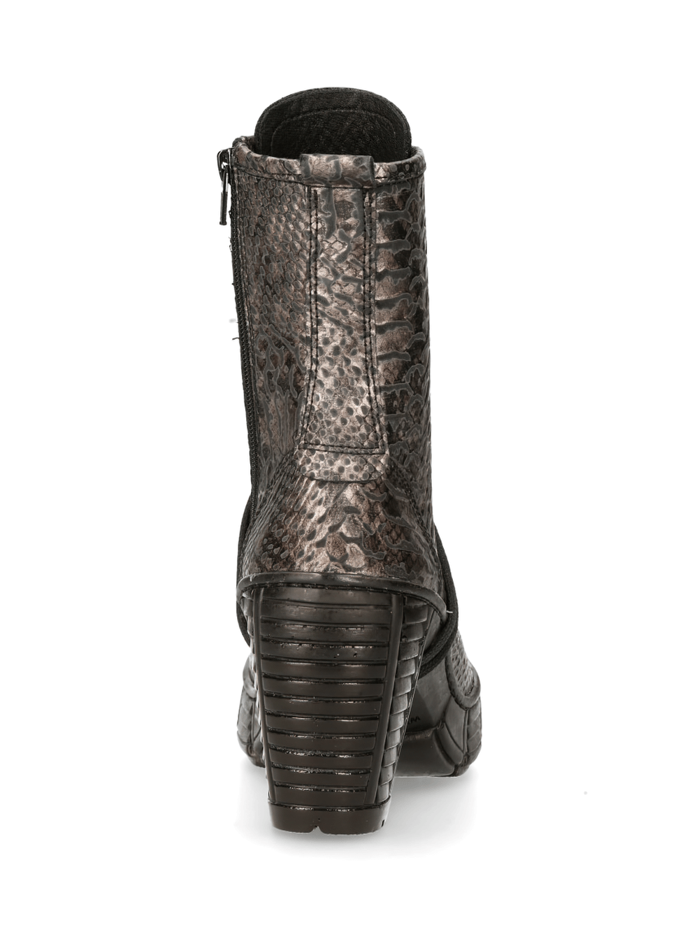 Back view of NEW ROCK Metallic Snake Print Lace-Up Ankle Boots with robust heel and zipper detail.