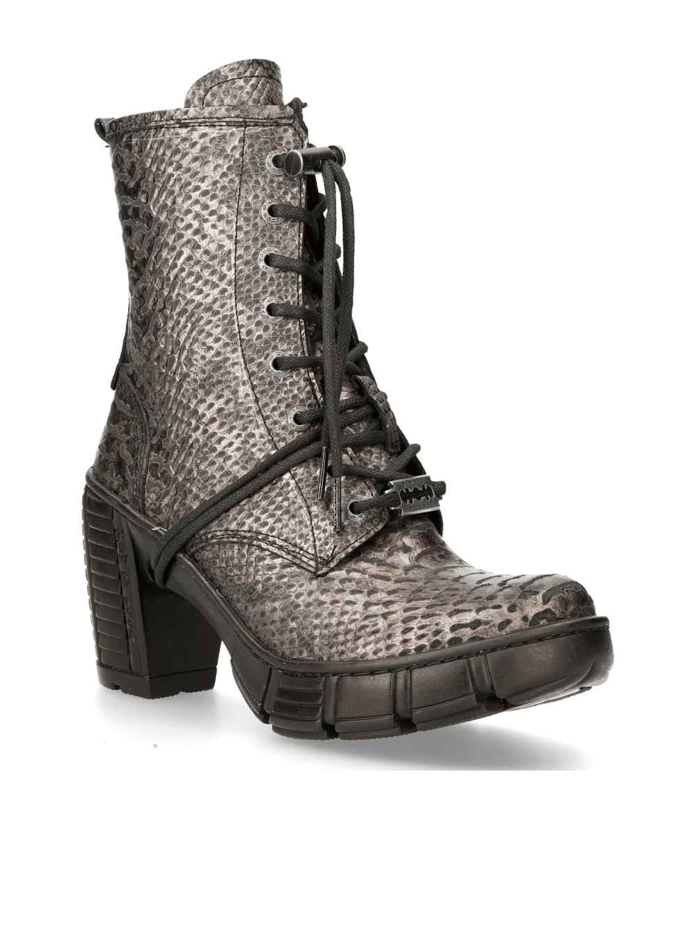 NEW ROCK Metallic Snake Print Lace-Up Ankle Boots with a robust heel and urban goth style.