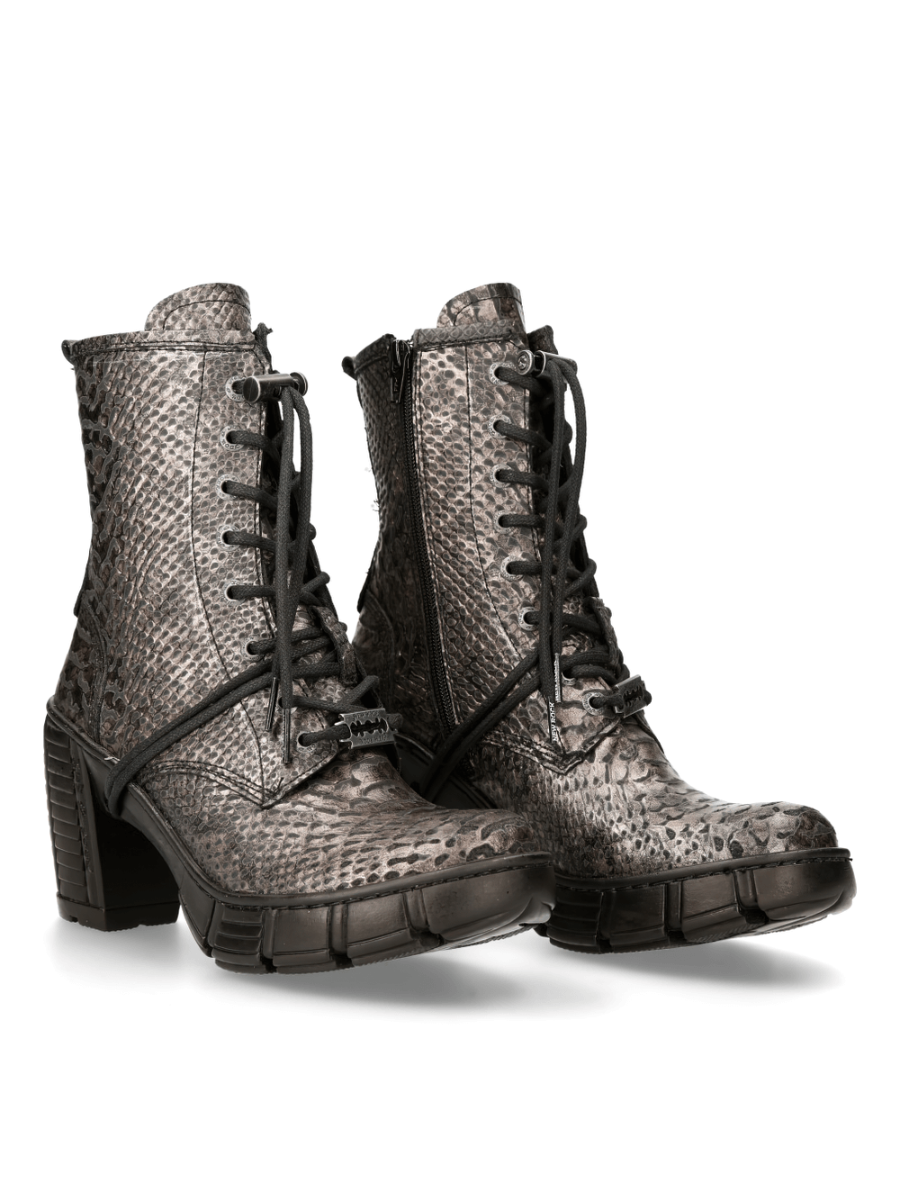 NEW ROCK Metallic Snake Print Ankle Boots with lace-up and zip fastenings, perfect for urban goth style.