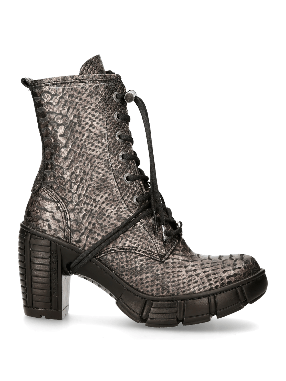 NEW ROCK metallic snake print lace-up ankle boots with chunky heel and urban goth style.