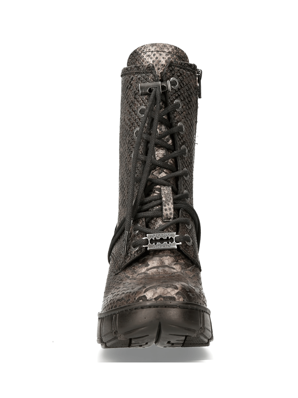Front view of NEW ROCK Metallic Snake Print Lace-Up Ankle Boots with gothic style and robust design.