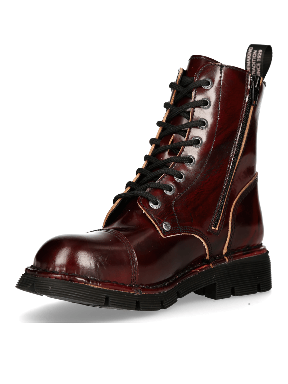 NEW ROCK Men's Metallic Wine Red Punk Combat Boots with Military Style, combining gothic design and genuine leather.