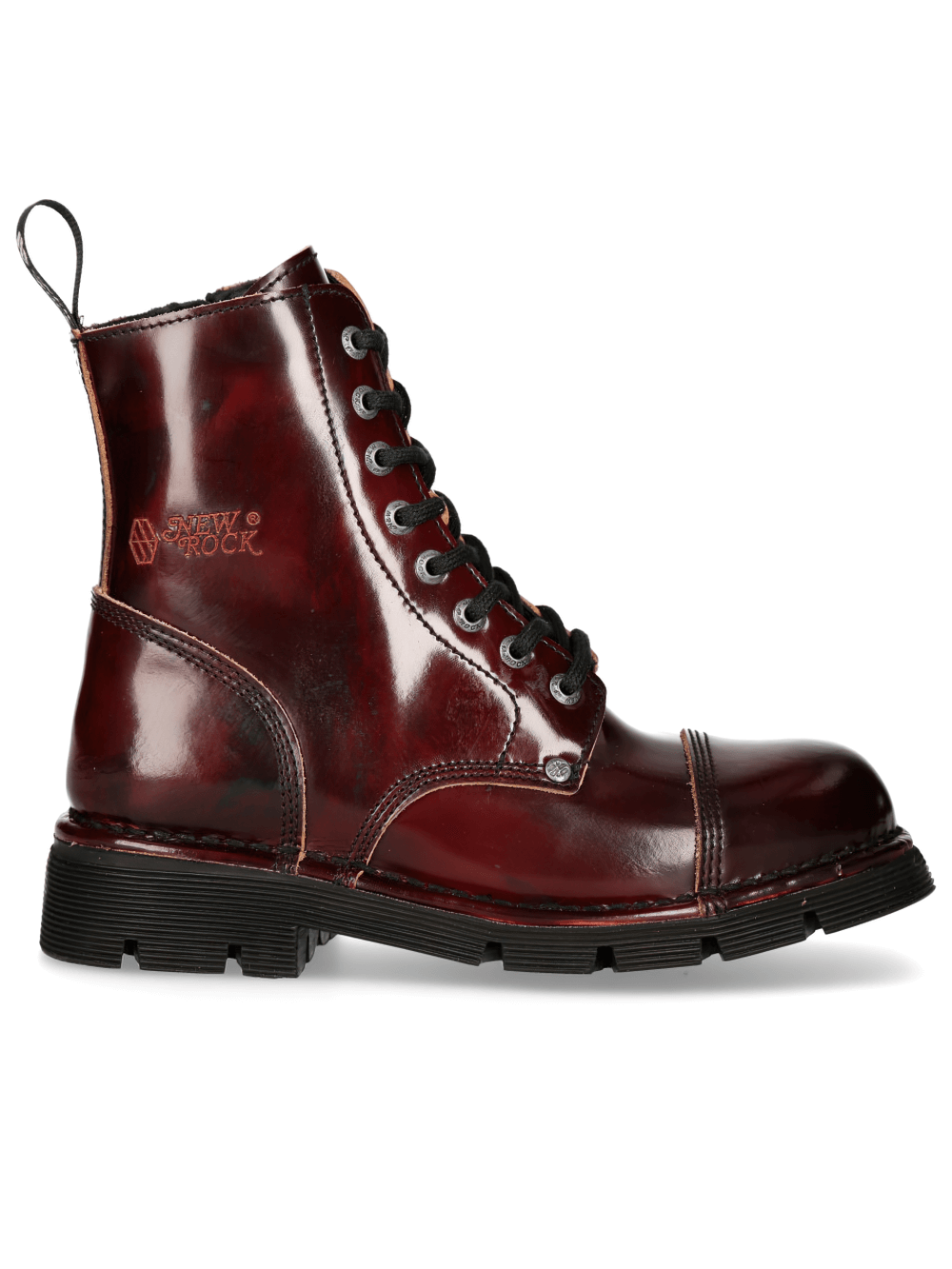 NEW ROCK Metallic Wine Red Punk Boots with military style, showcasing leather and bold gothic features.
