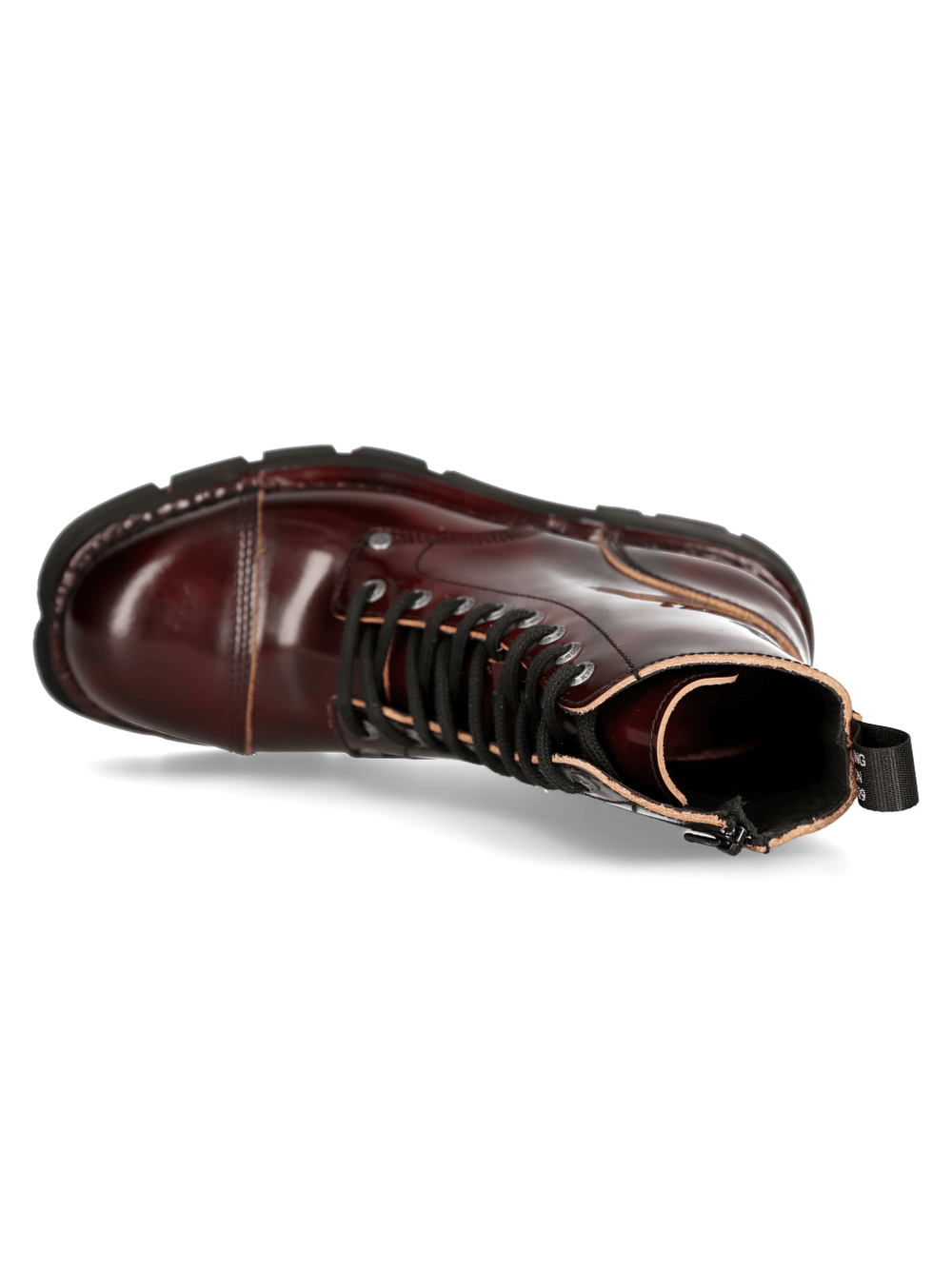 Top view of NEW ROCK Men's Metallic Wine Red Punk Boots showcasing gothic military style and lace-up design.
