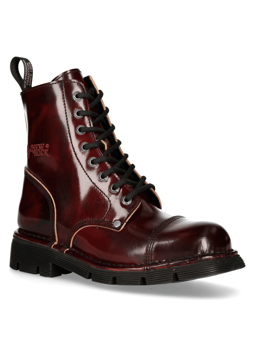 NEW ROCK Men's Metallic Wine Red Punk Combat Boots showcasing military style, gothic design, and lace-up feature.