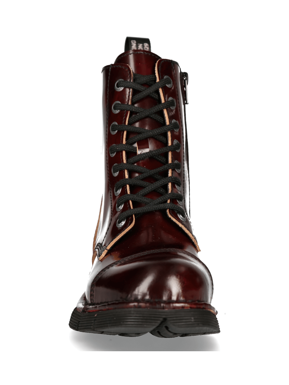 Front view of NEW ROCK wine red metallic punk combat boots with lace-up design and military style.