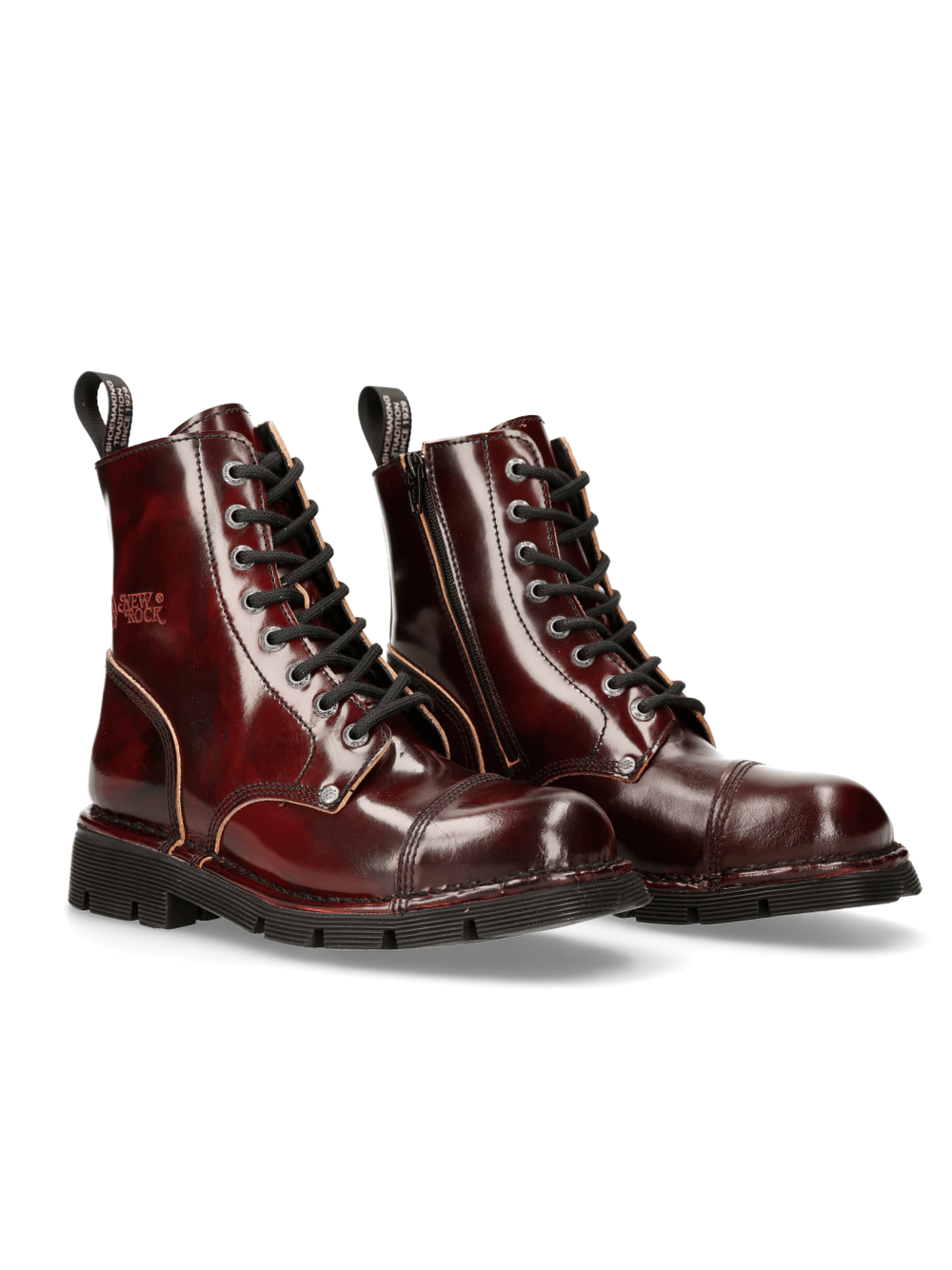 NEW ROCK Men's Metallic Wine Red Punk Combat Boots with Gothic Style and Lace-Up Design
