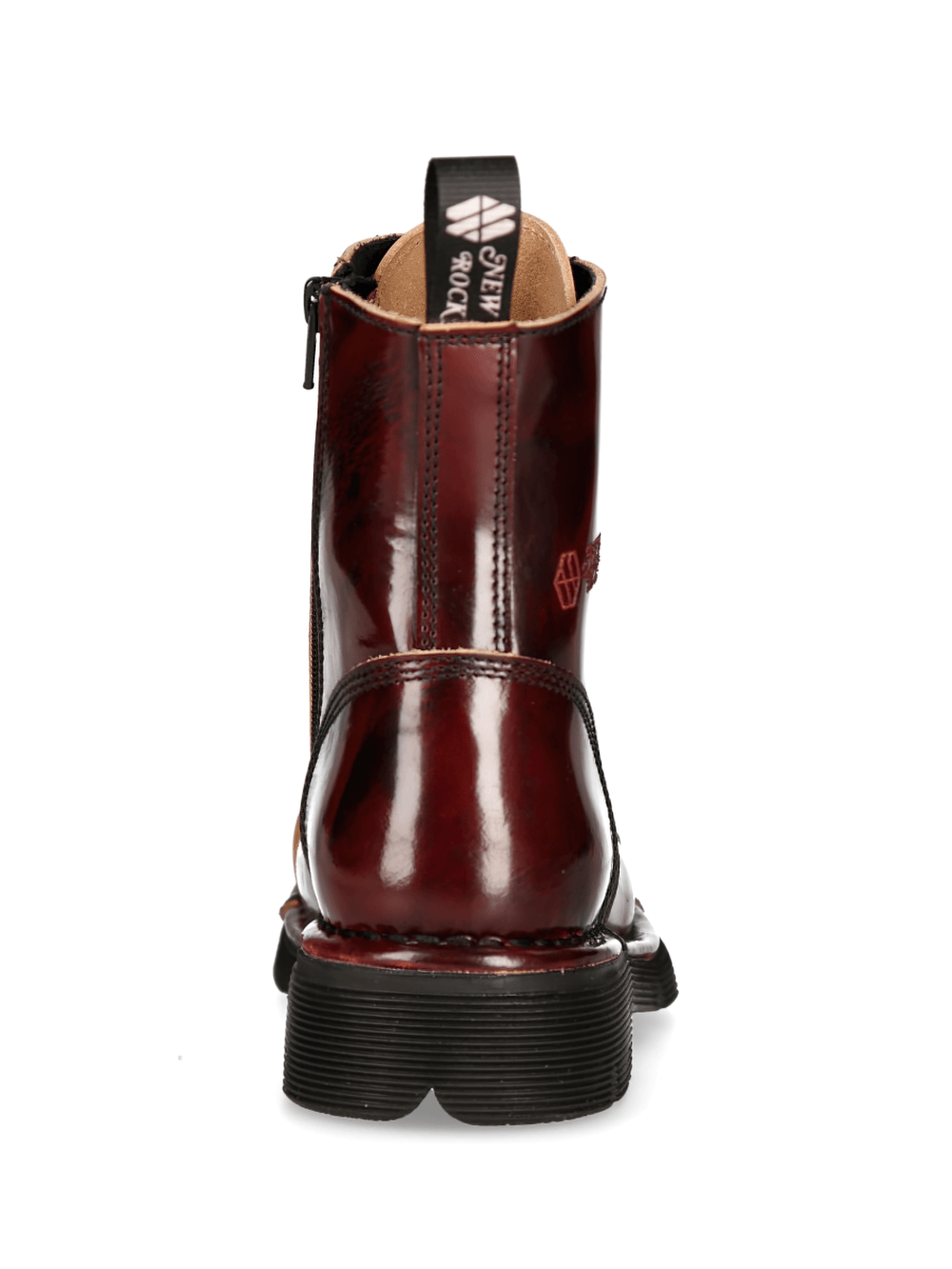Back view of NEW ROCK Men's Metallic Wine Red Punk Boots showcasing gothic and military design.