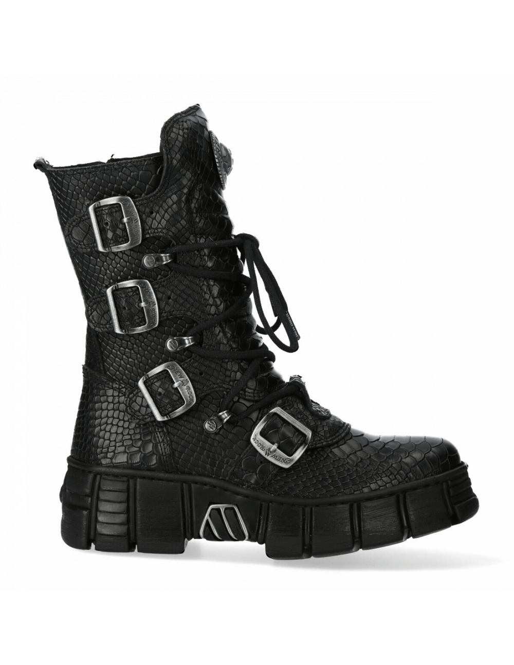 Bold black mid-calf boots with gothic punk design, featuring lace-up, buckle closures, and textured look.