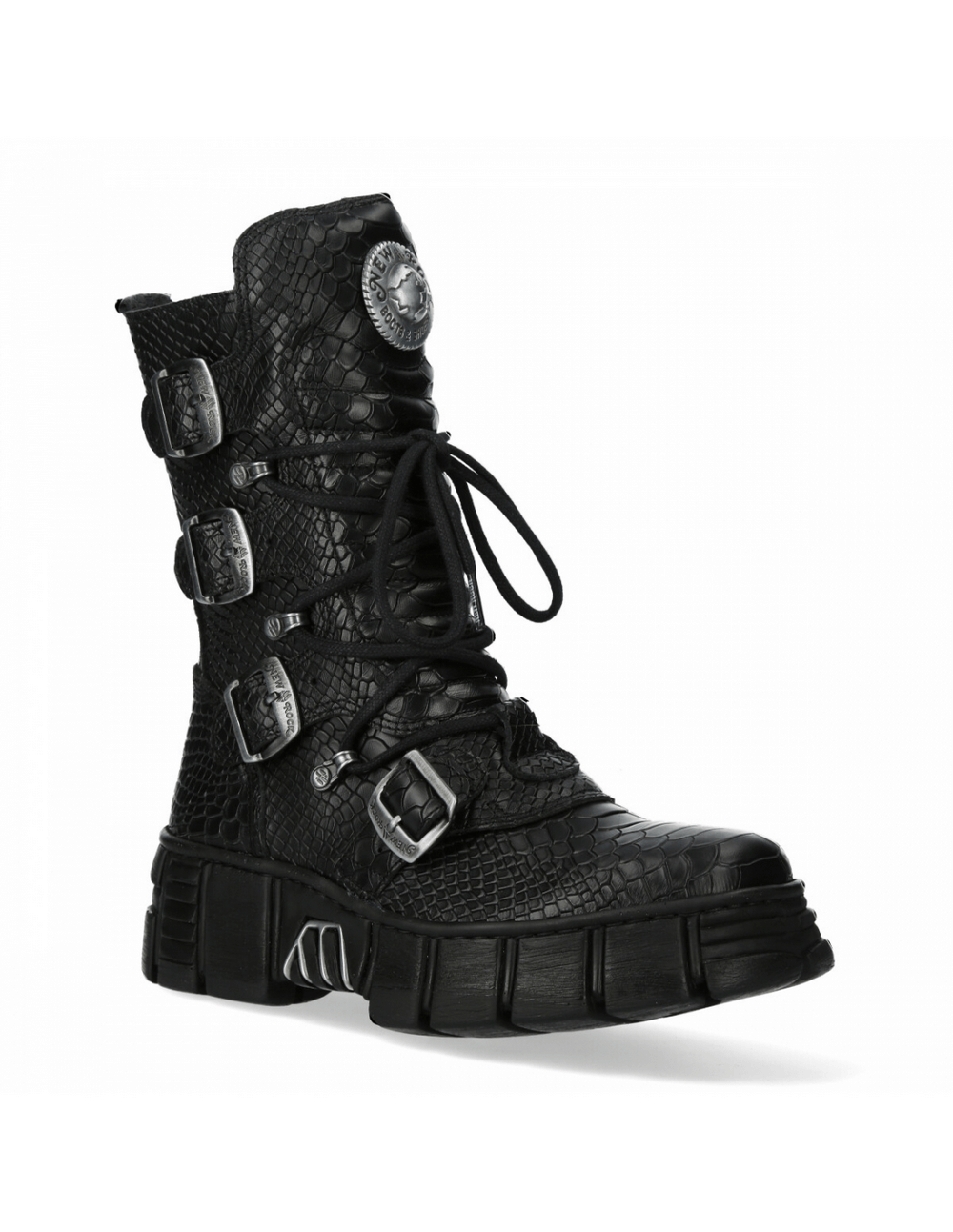 NEW ROCK mid-calf black boots featuring gothic punk style with lace-up and buckle details.