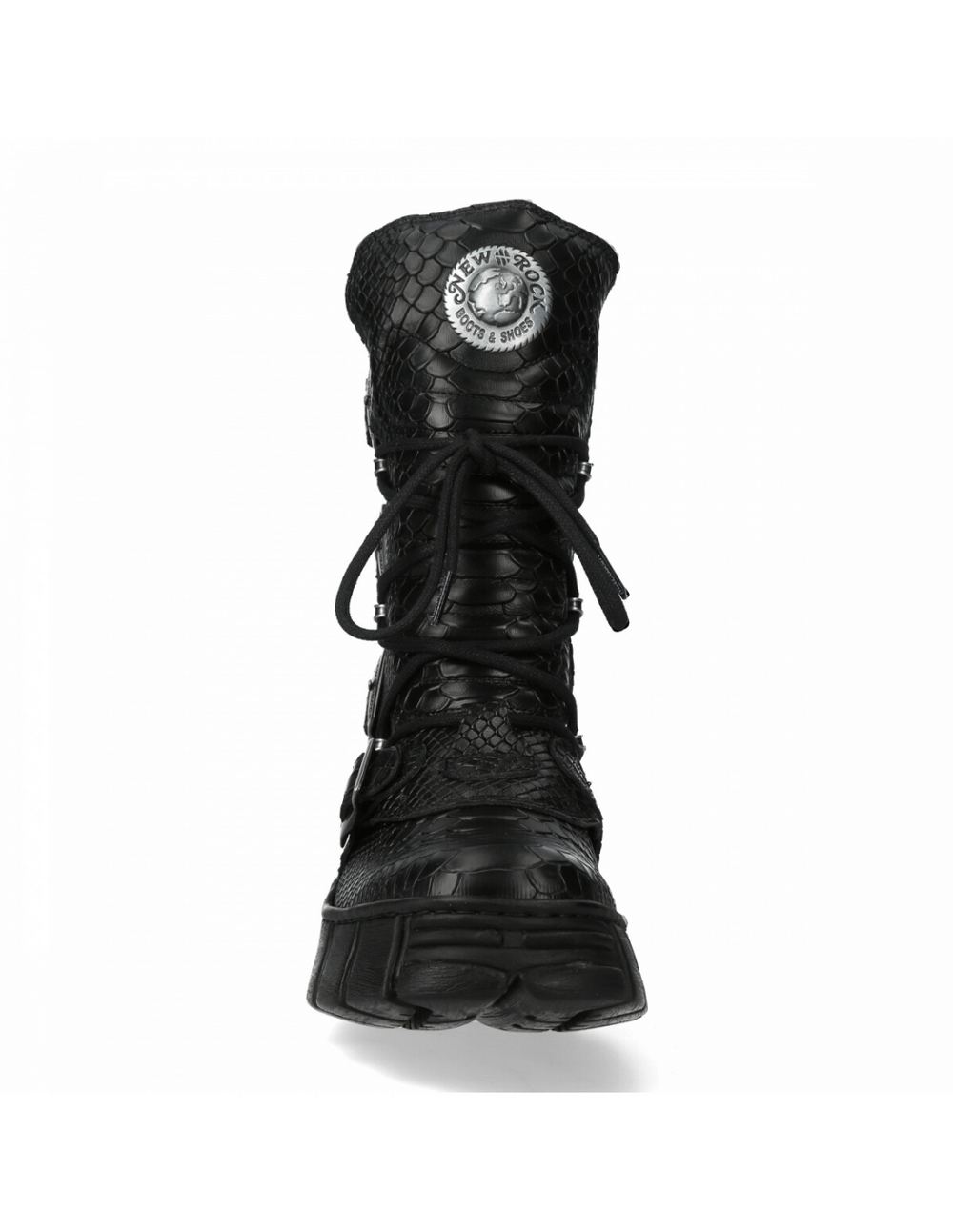 NEW ROCK mid-calf boots in black leather, showcasing gothic and punk design with lace-up and zipper details.