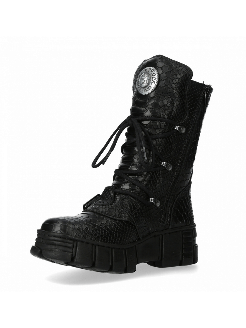 NEW ROCK Mid-Calf Boots in black with snake texture, perfect for punk and gothic fashion lovers.