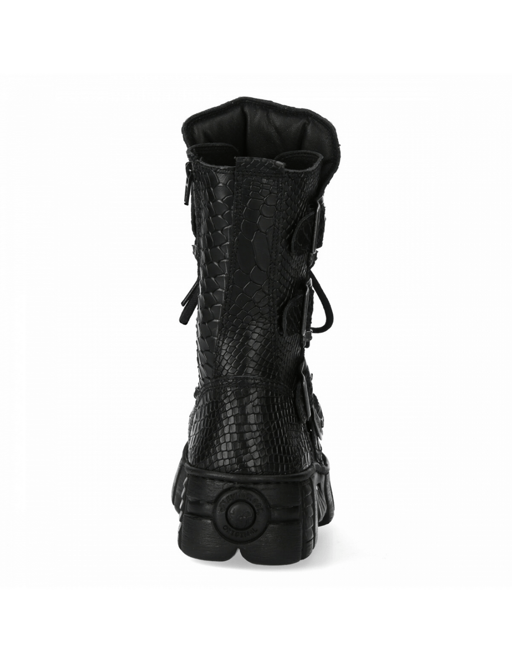 Back view of NEW ROCK mid-calf boots featuring a sleek black reptile pattern and unique buckle details.