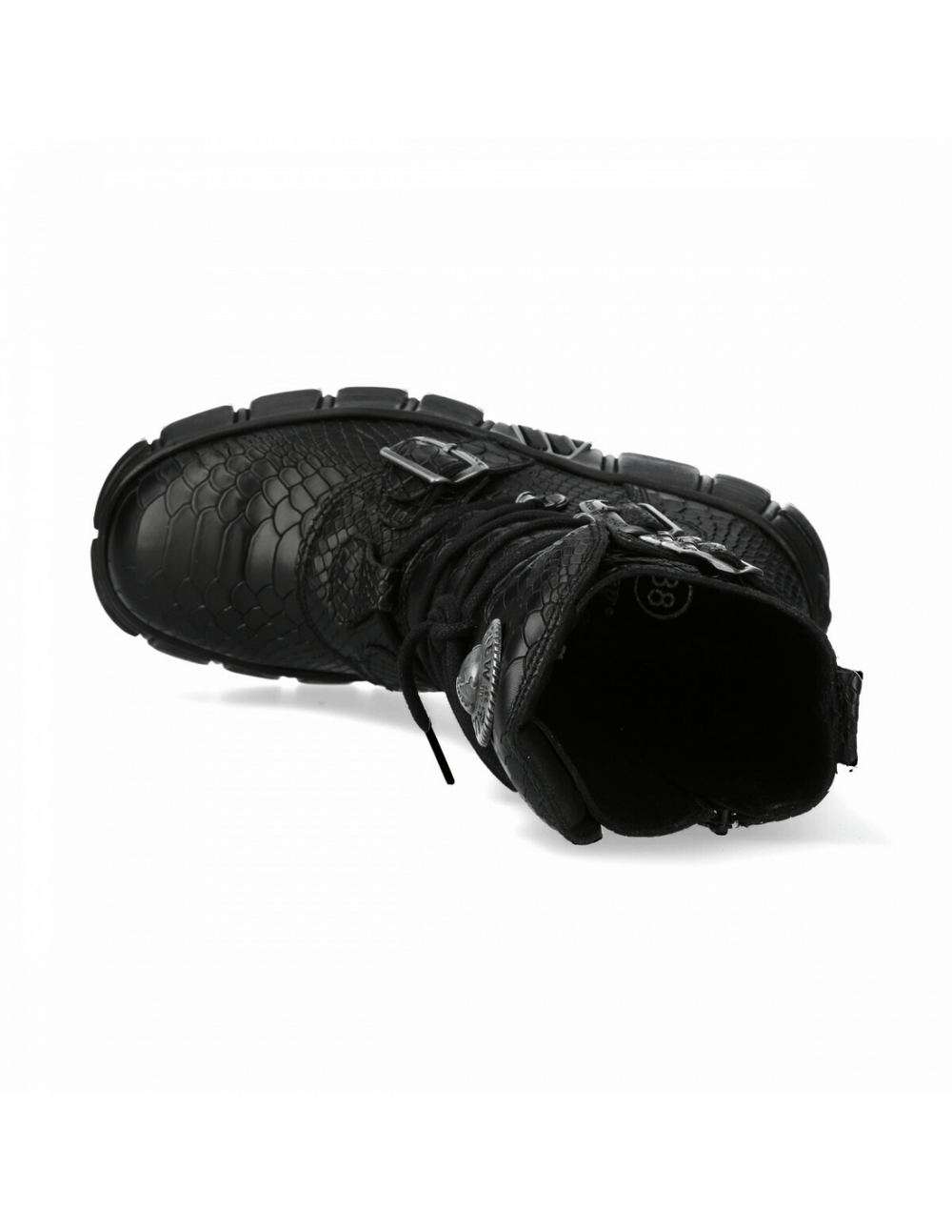 Top view of NEW ROCK mid-calf boots showcasing gothic and punk design with unique textured leather and bold closures.