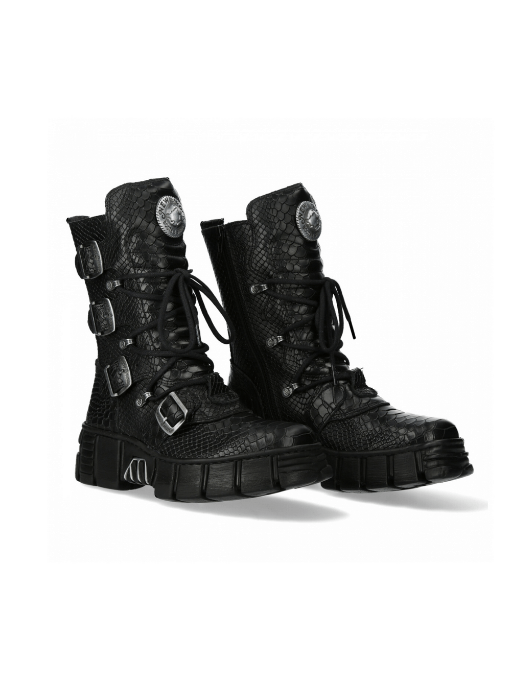 Black mid-calf boots with metallic buckle details, lace-up front, and textured design for punk and gothic style.