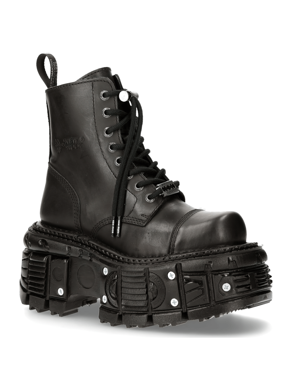 NEW ROCK gothic military ankle boots with punk style and bold platform design, featuring adjustable lacing and durable sole.