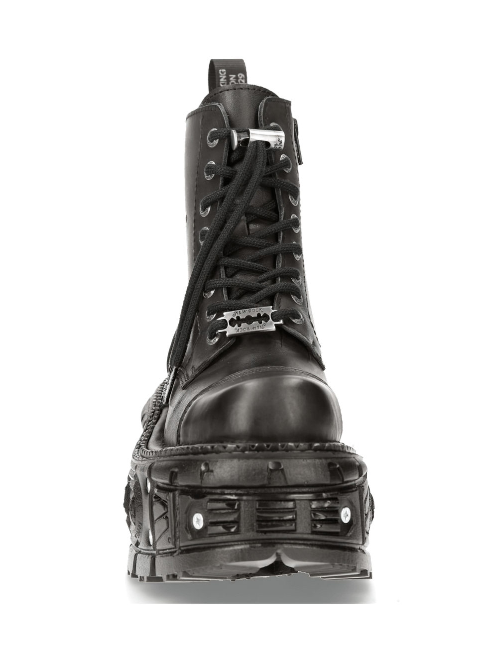 NEW ROCK military ankle boots with gothic platform design, featuring bold punk elements and adjustable lacing.