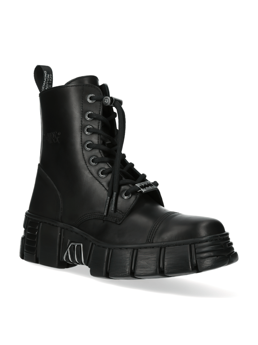 Edgy black leather military gothic ankle boots with chunky sole and lace-up design, perfect for a bold style.