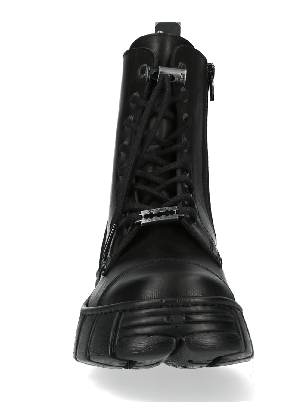 Front view of NEW ROCK Military Gothic Black Leather Ankle Boots with lace-up design and edgy military style.