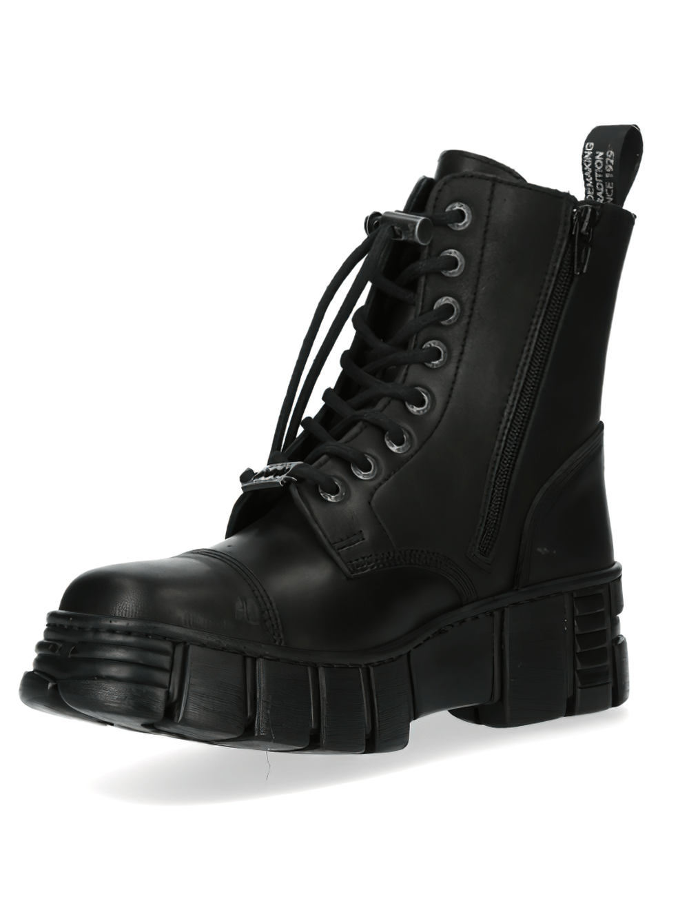 Edgy black leather ankle boots with military flair, featuring thick platform sole and unique lace-up design.