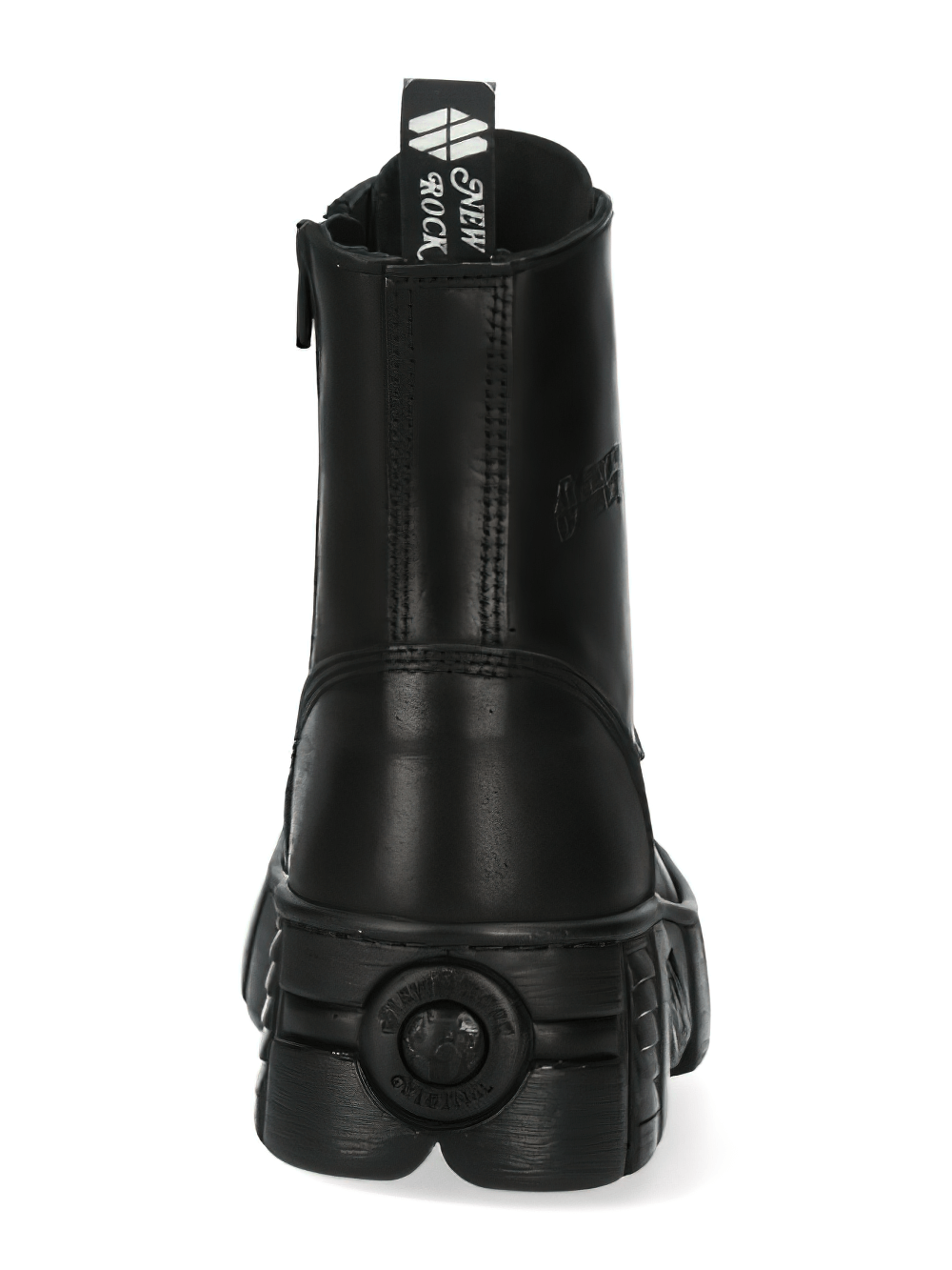 Back view of NEW ROCK Military Gothic Black Leather Ankle Boots showcasing bold design and chunky sole.
