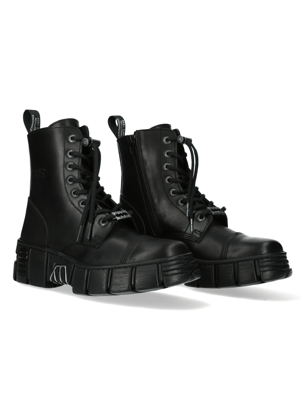 Edgy black leather military gothic ankle boots with a chunky sole, featuring laces and a side zipper for easy wear.
