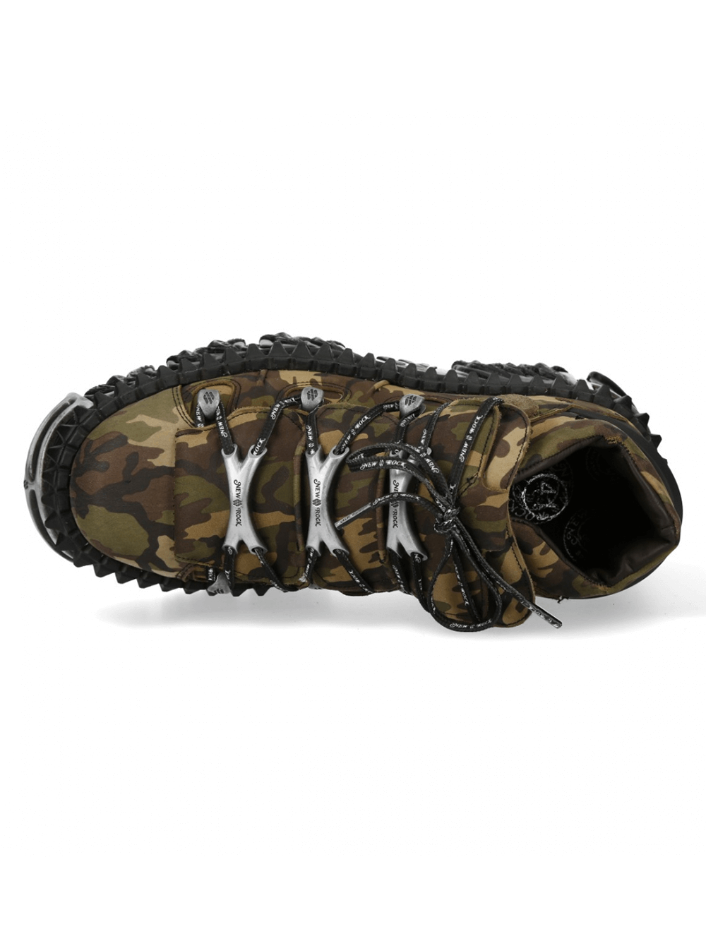 Stylish camo ankle boots with metallic laces and rugged sole, perfect for outdoor adventures and urban fashion.