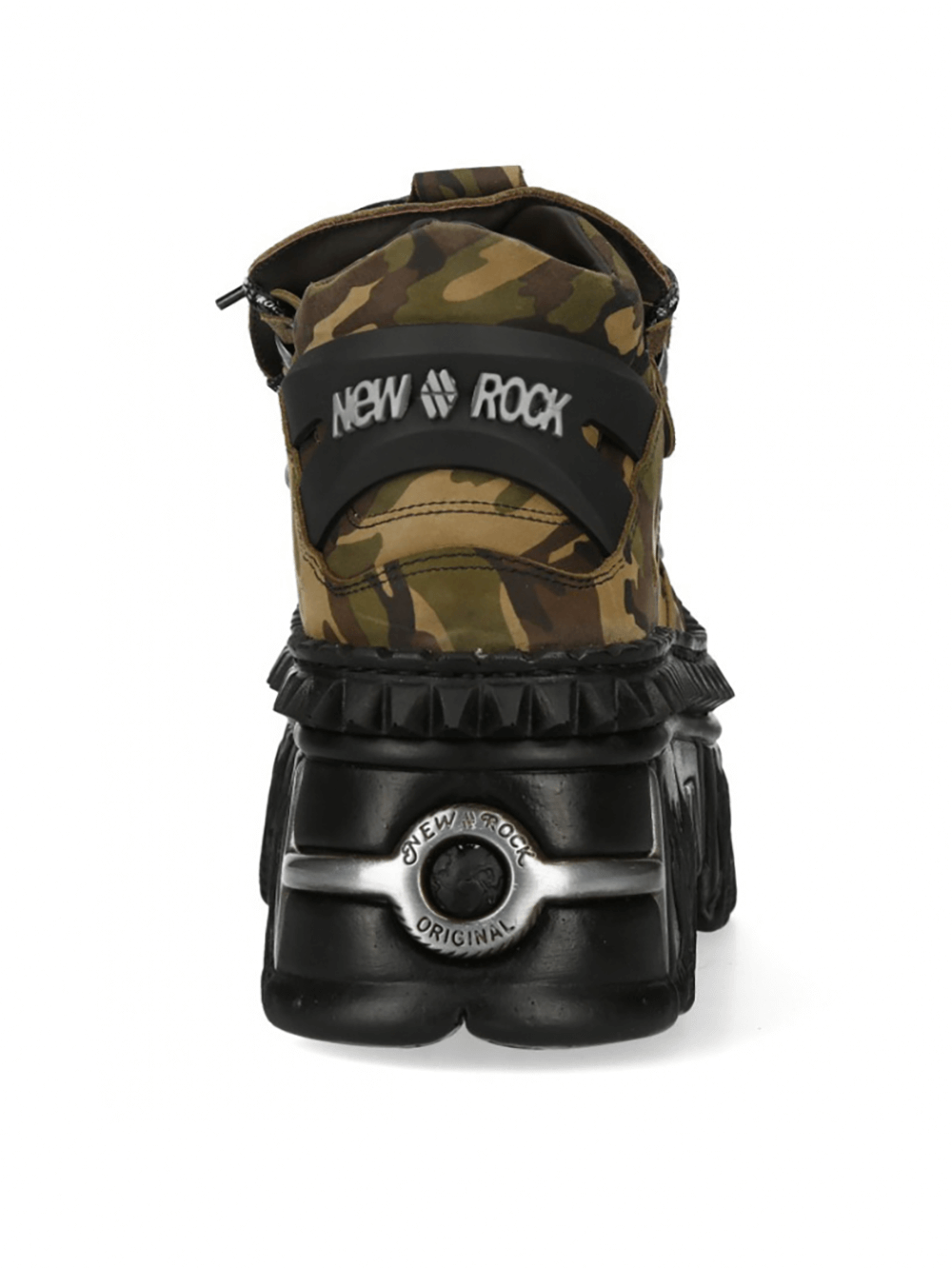 Back view of NEW ROCK camouflage ankle boots with chunky platform and iconic logo, perfect for gothic and punk styles.