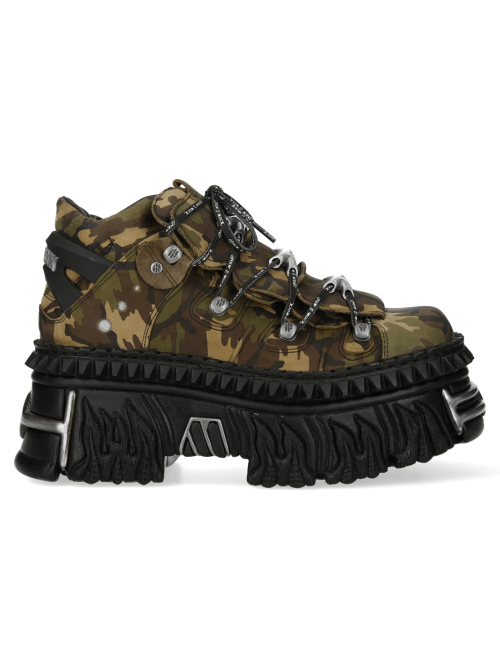 NEW ROCK Military Green Gothic Punk Ankle Boots with edgy platform design and army camouflage pattern.