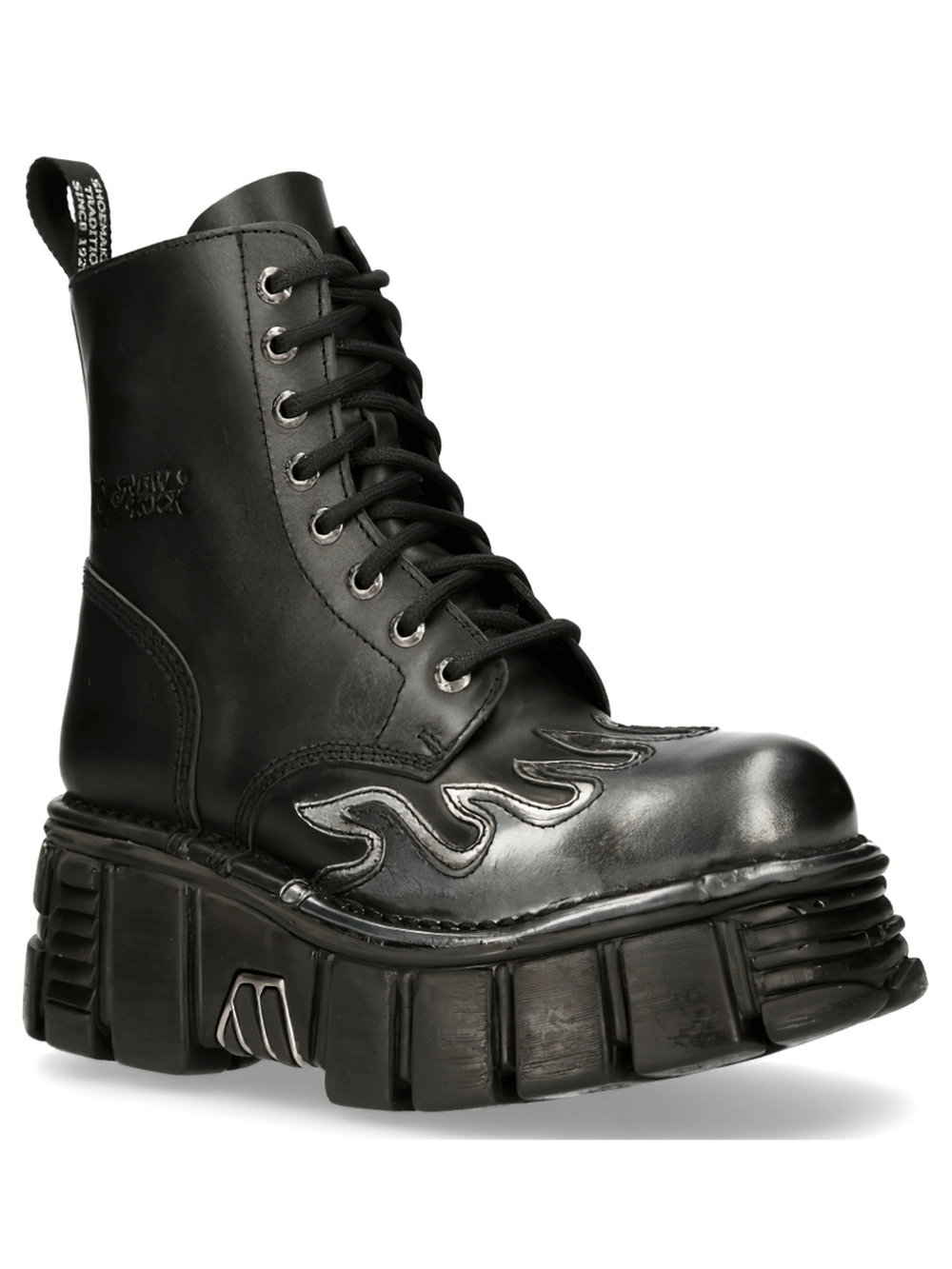 NEW ROCK Men's Military-Style Ankle Boots featuring metallic accents and bold flame design.