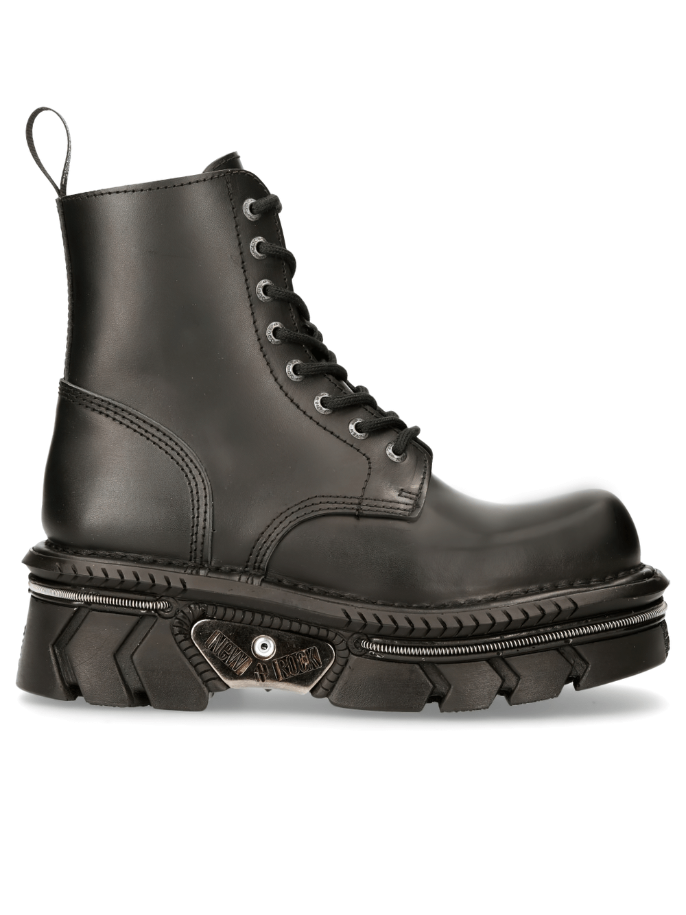 NEW ROCK Men's Black Cow Leather Military Lace-Up Boots embody punk rock style with bold military design.