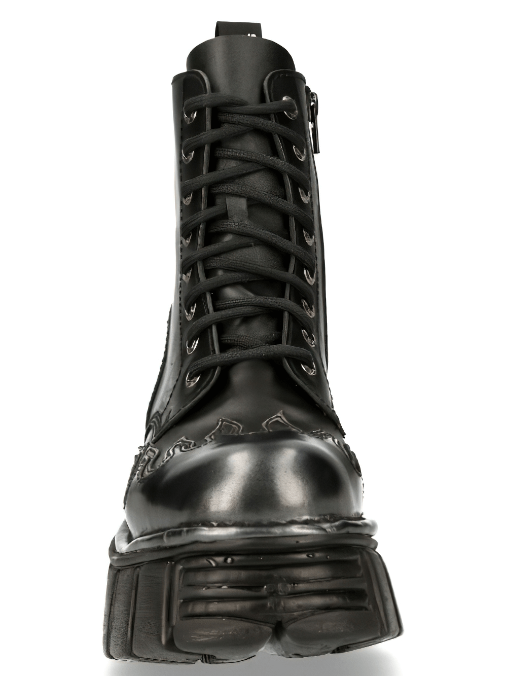 Front view of NEW ROCK Men's Military Ankle Boots with metal accents and lace-up detail.