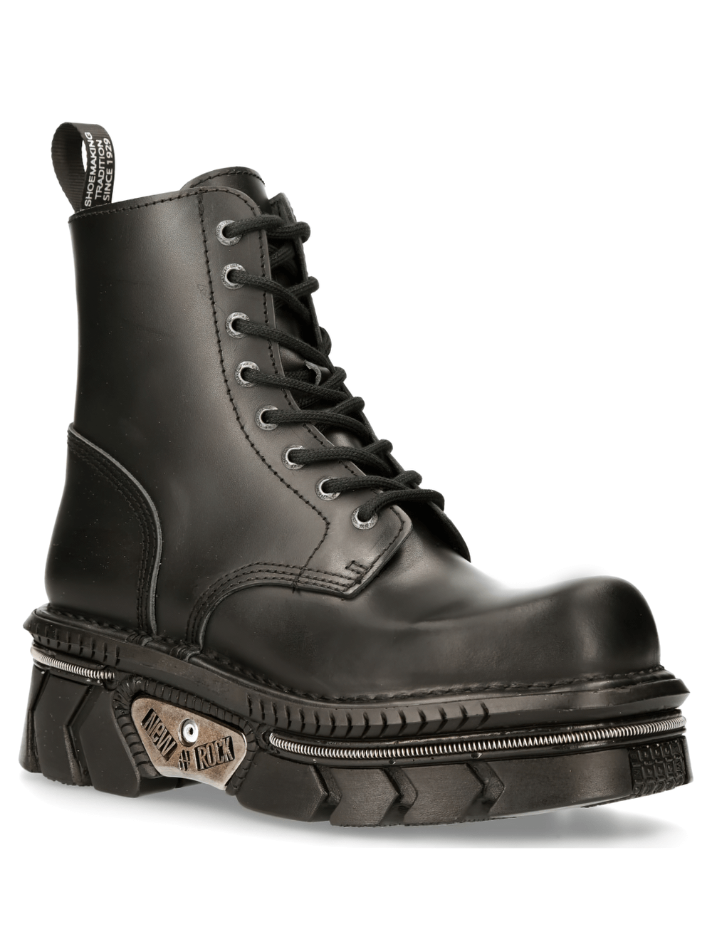 NEW ROCK Men's Black Cow Leather Military Lace-Up Boots, perfect for punk rock style with a bold design and sturdy platform.
