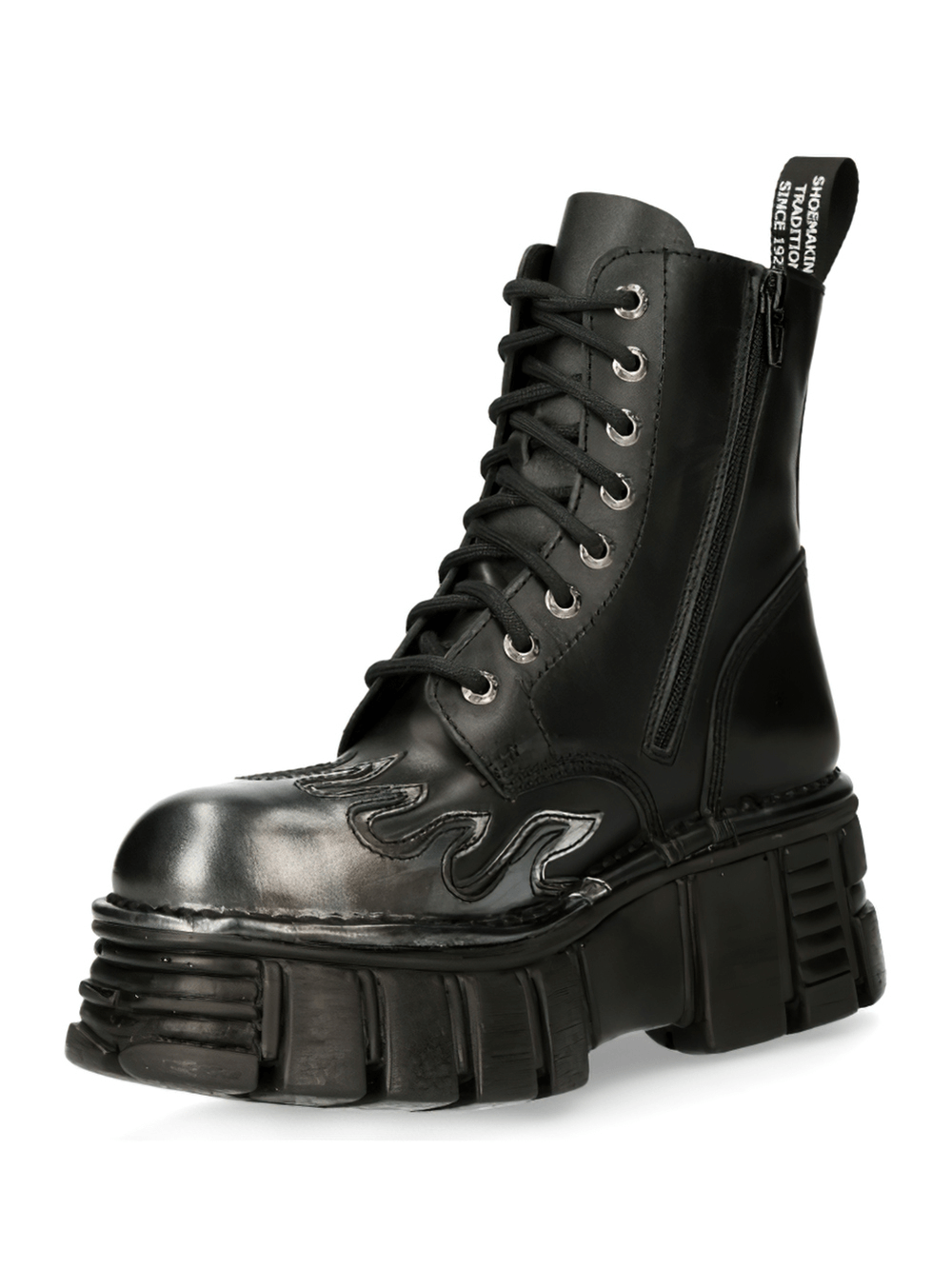 NEW ROCK Men's Military-Style Ankle Boots with metallic accents and chunky platform design.