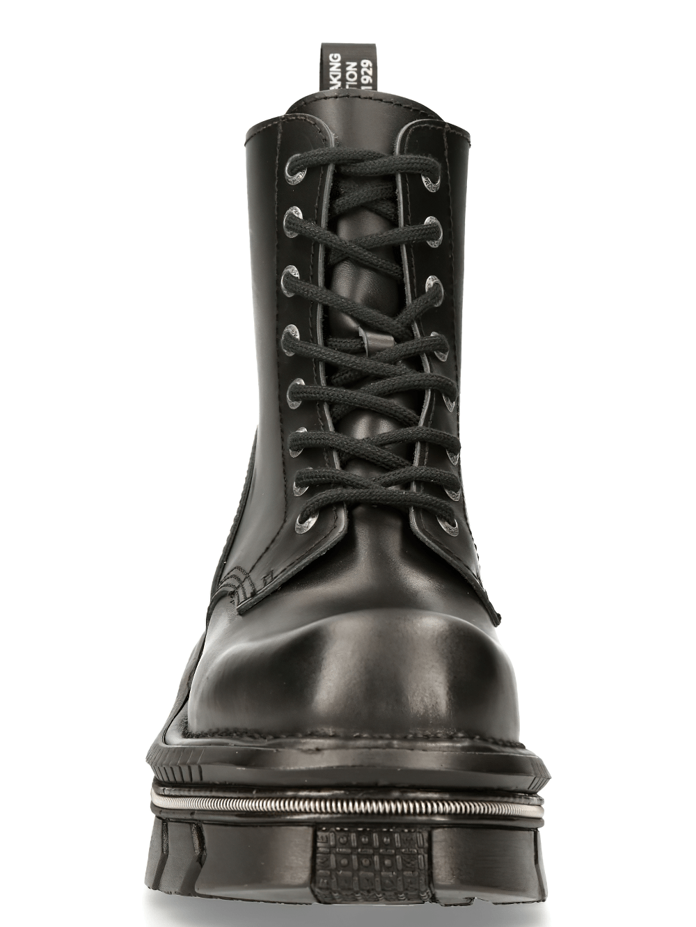 Stylish NEW ROCK men's black leather military lace-up boots with edgy punk design and sturdy construction.