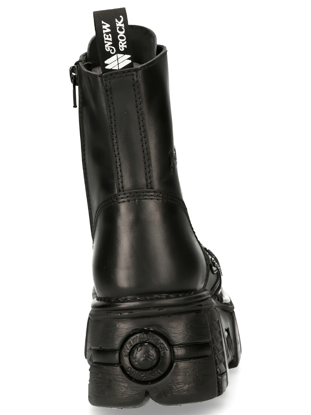 NEW ROCK Men's military-style ankle boots with bold metallic accents and 6 cm platform. Back view showcasing unique design.