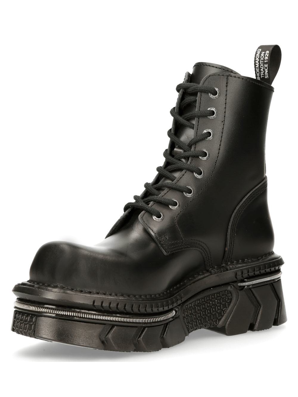 NEW ROCK men's black leather military lace-up combat boots with edgy gothic design.