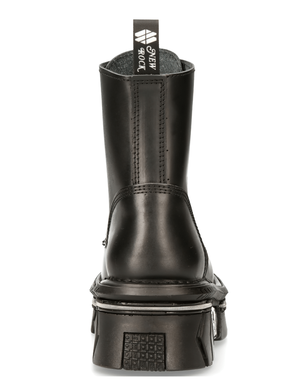 Back view of NEW ROCK men's black cow leather military combat boots showcasing a bold, edgy design.