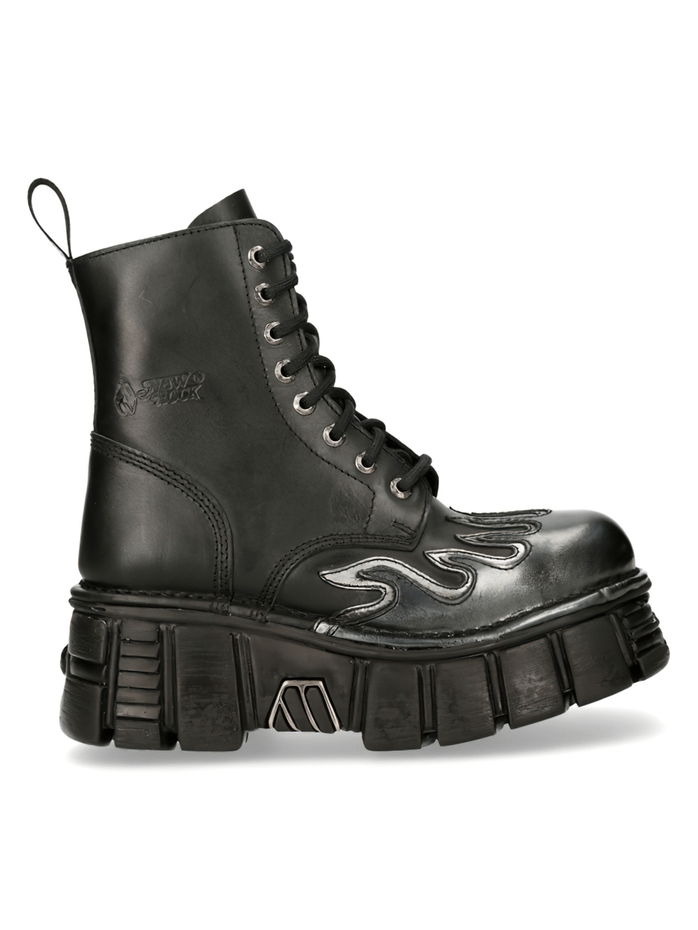 NEW ROCK Men's military-style ankle boots with metal accents and bold flame detailing.