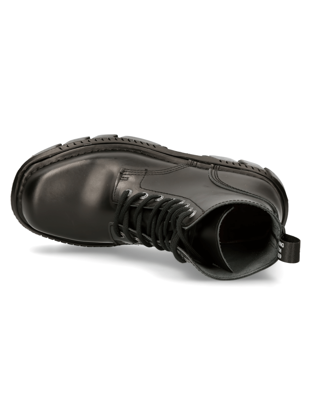 Top view of NEW ROCK Men's Black Cow Leather Military Lace-Up Boots showcasing stylish design and sturdy craftsmanship.