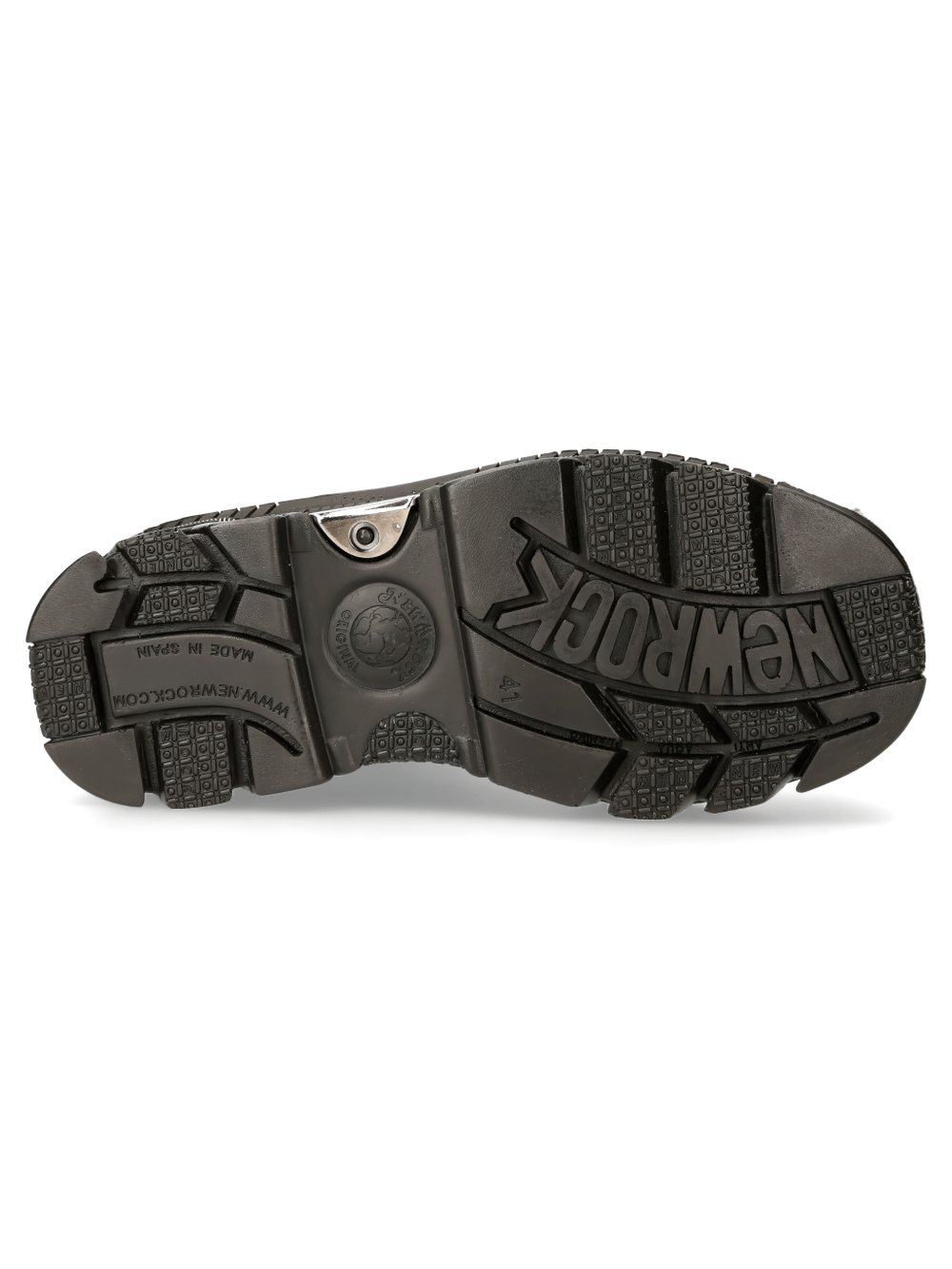 Sole of NEW ROCK Men's Black Cow Leather Military Lace-Up Boots showcasing rugged grip and durability.