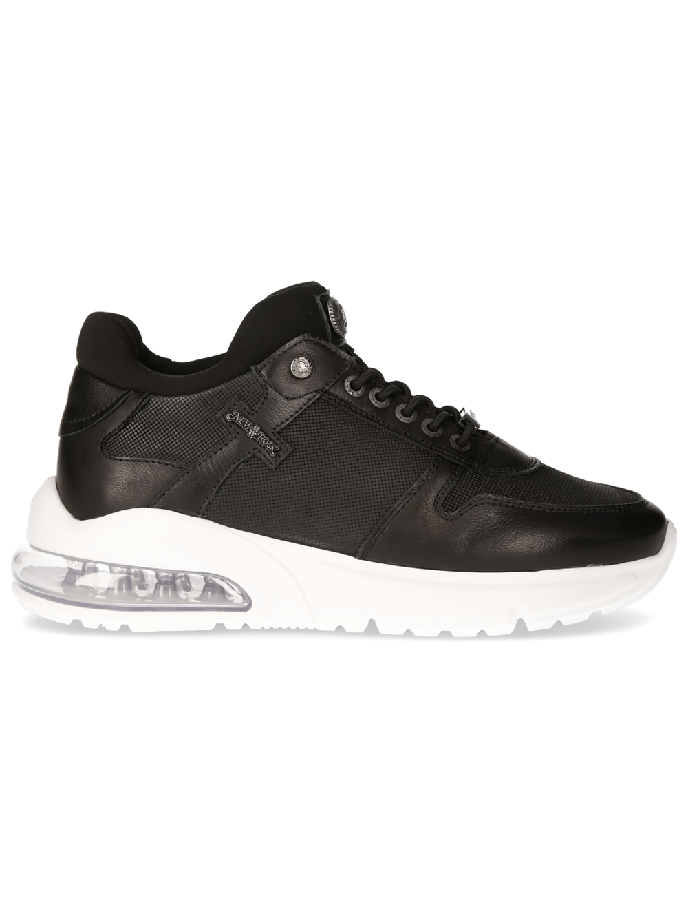 Sleek black leather lace-up sneakers for men with stylish white sole and air cushioning design.