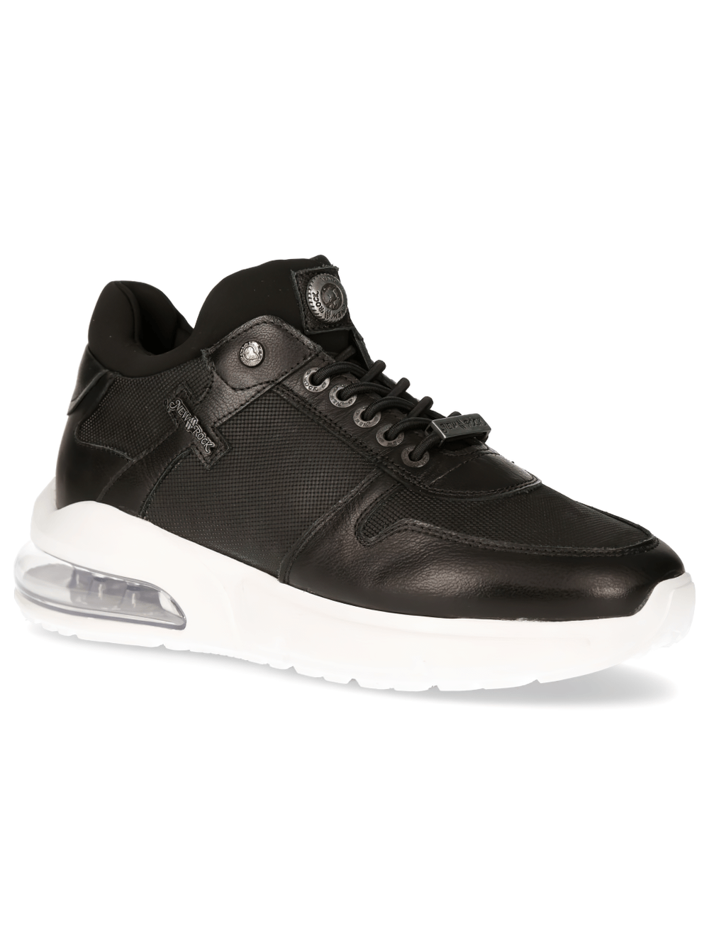 Sleek black leather lace-up sneakers for men with a sporty design and cushioned sole, perfect for urban fashion.