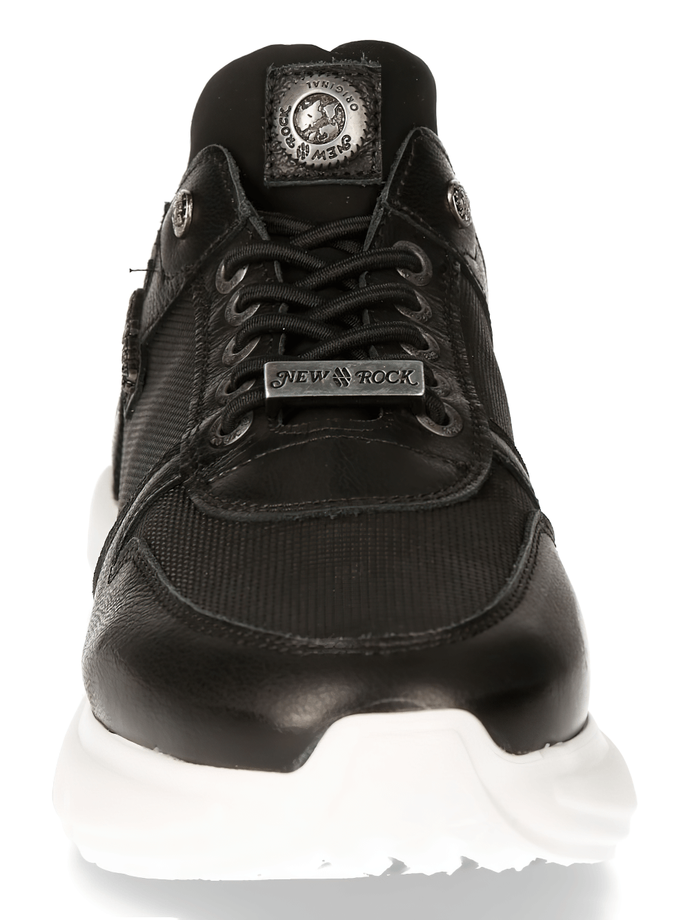 NEW ROCK black genuine leather lace-up sneakers with a sleek design and cushioned sole.