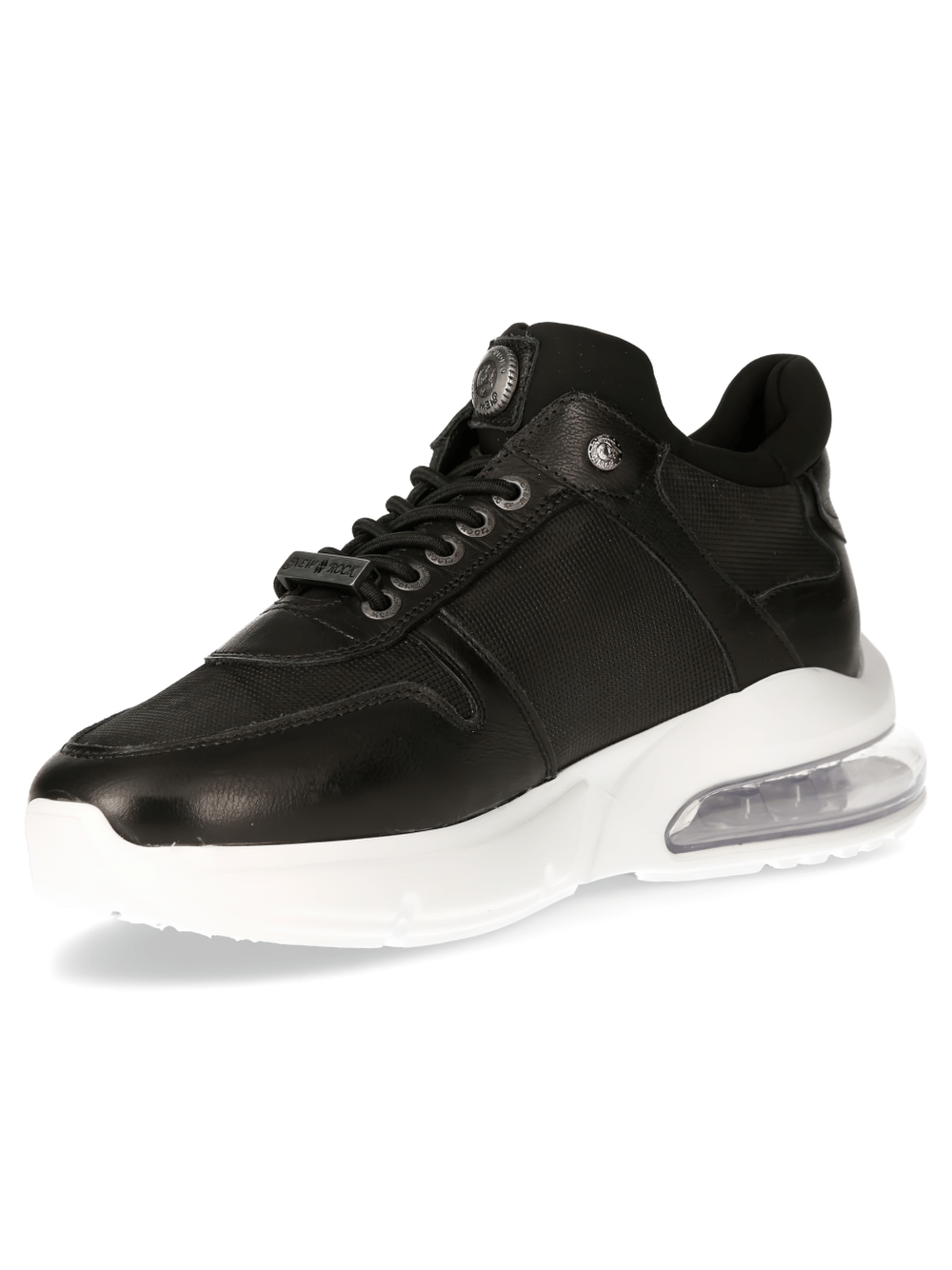 Sleek black genuine leather lace-up sneakers with a white sole, blending sporty style and comfort for men.